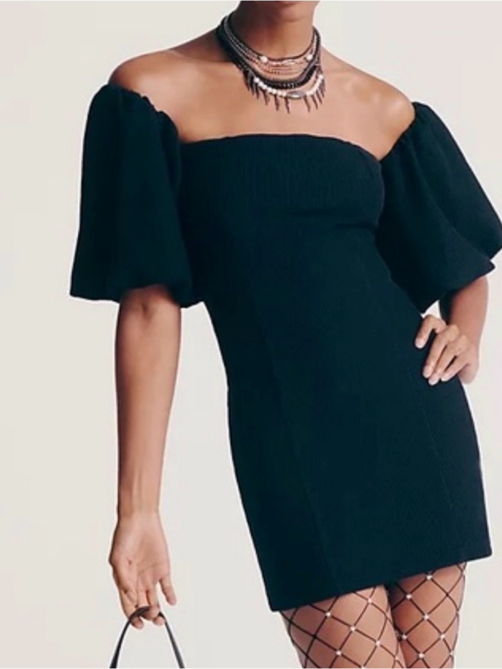 FP Beach Black Off-the-Shoulder Puff Sleeve Mini Dress Size Small